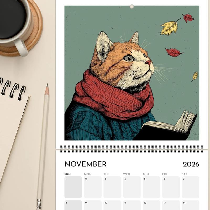 Cats Chillin' With Books 2026 Wall Calendar, Cat-Themed Monthly Planner, Cat-Themed Illustrations, Cat Themed Monthly Planner