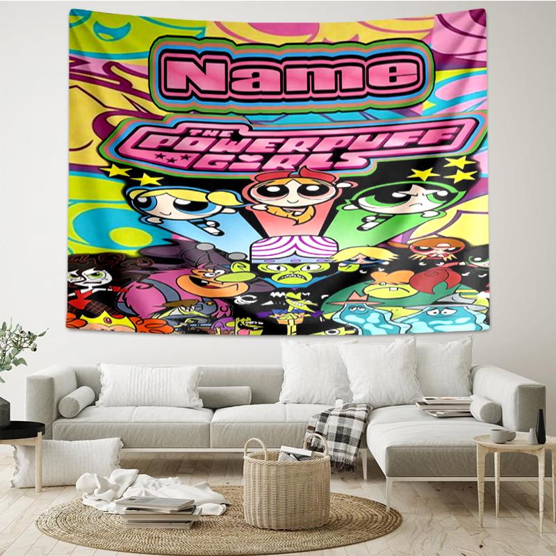 Custom Name The Powerpuff Girls Print Tapestry, Backdrop, Easy Setup, Ideal for Bedroom, Office & Living Room, with Aesthetic Wall Hanging Decor.
