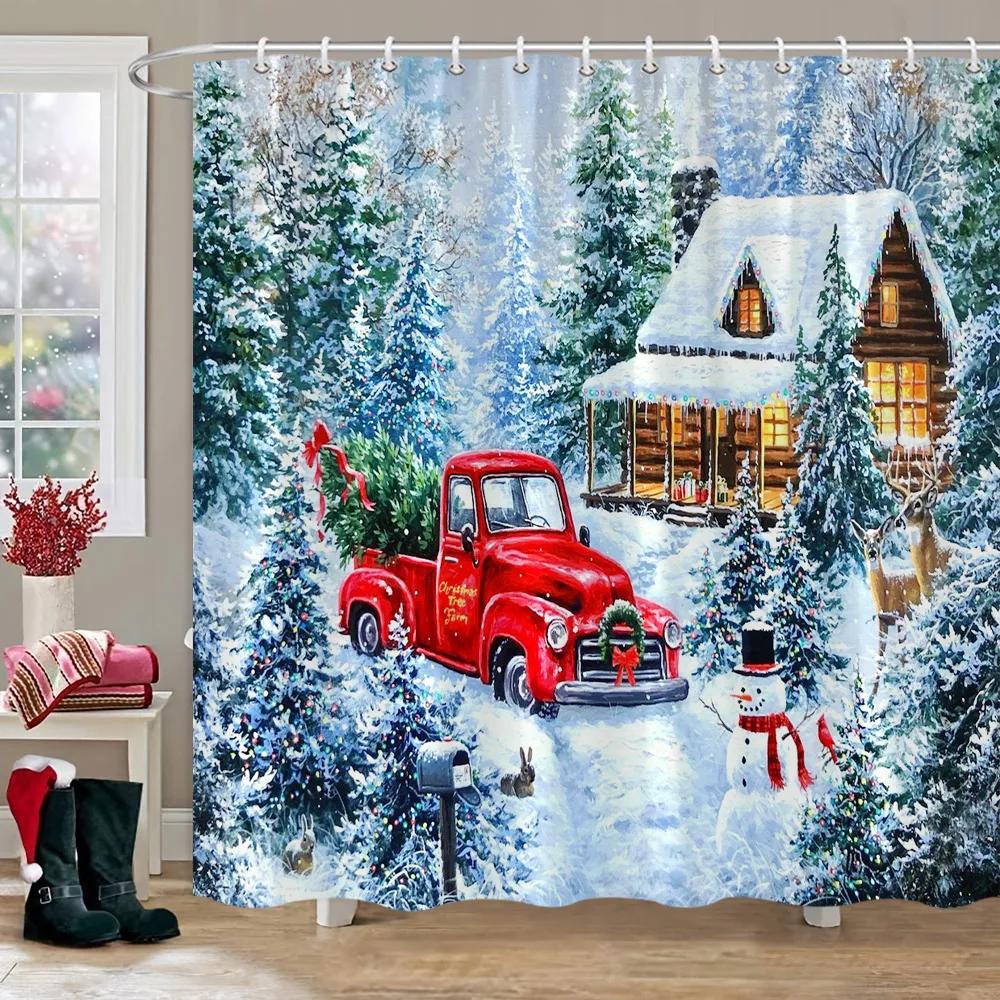 Weihnachts-Duschvorhang für Badezimmer, rustikaler Weihnachts-Bauernhaus-Duschvorhang, Vintage-Weihnachts-Duschvorhang für Wohnzimmer