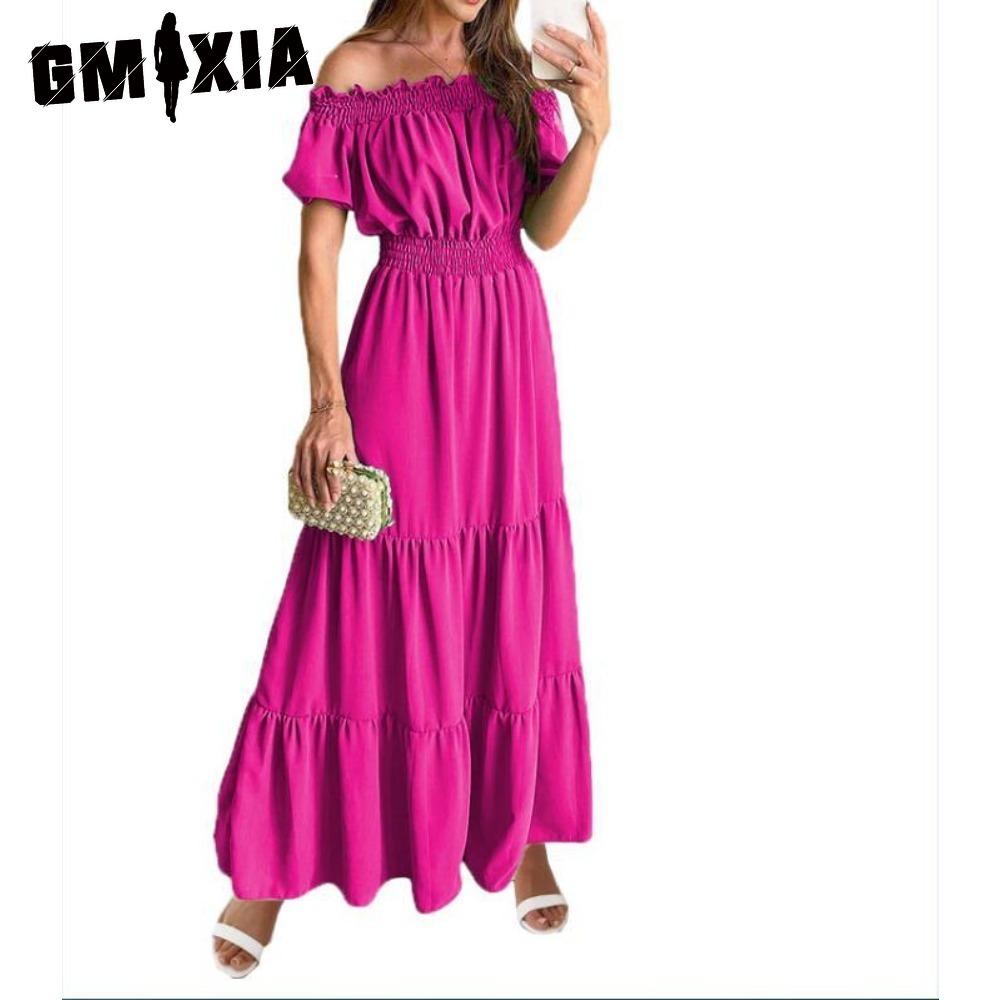 GMXIA Długa sukienka z odkrytymi plecami i elastyczną talią Popularny styl bohemy z odkrytymi ramionami