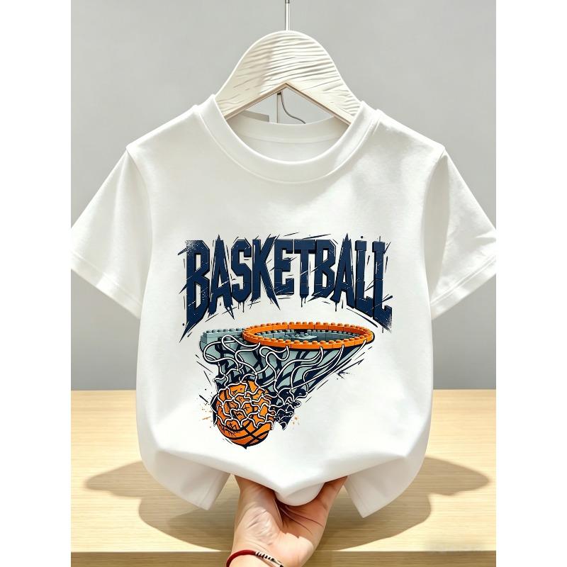 Kids Crewneck Short Sleeve T-Shirt, Ink Splatter Building Block Basketball Hoop Print