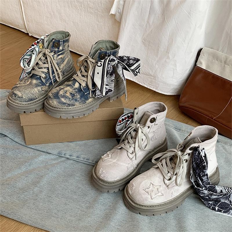 Herbst/Winter Runde Zehenpartie Quadratischer Absatz Retro Cowboy Reitstiefel mit Schnürung vorne Modische Bequeme Schleifenverzierte Arbeitsstiefel