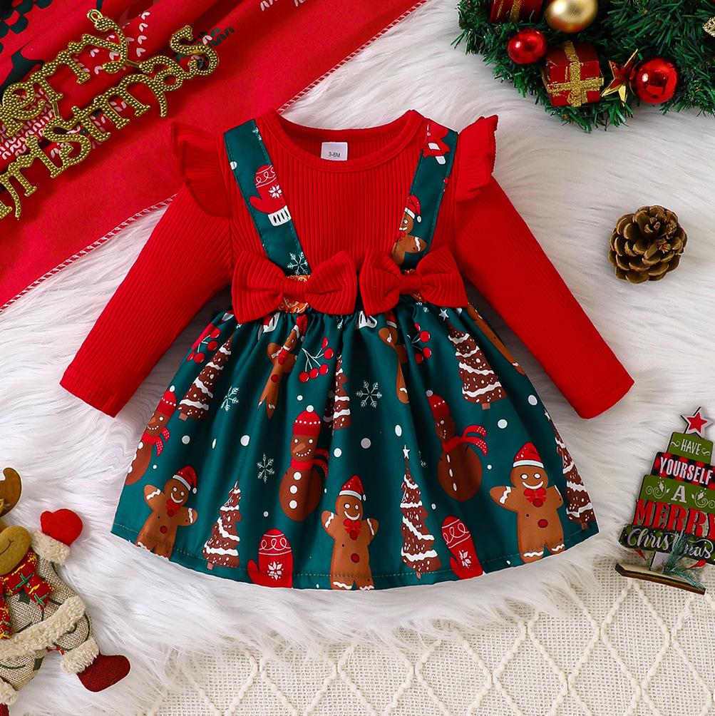 Children's Ribbed Long Sleeve Bow Christmas Dress for Girls