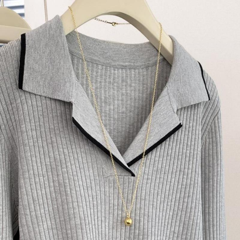 Gray lapel bottom knitted sweater women's autumn and winter new Korean version v-neck inner sweater top spring