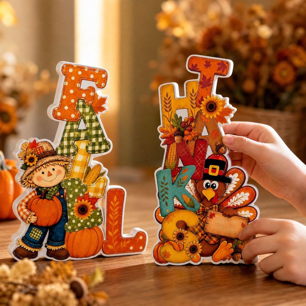 Fall Thanksgiving Table Decor, Wooden and Turkey Figurine for Home Decor