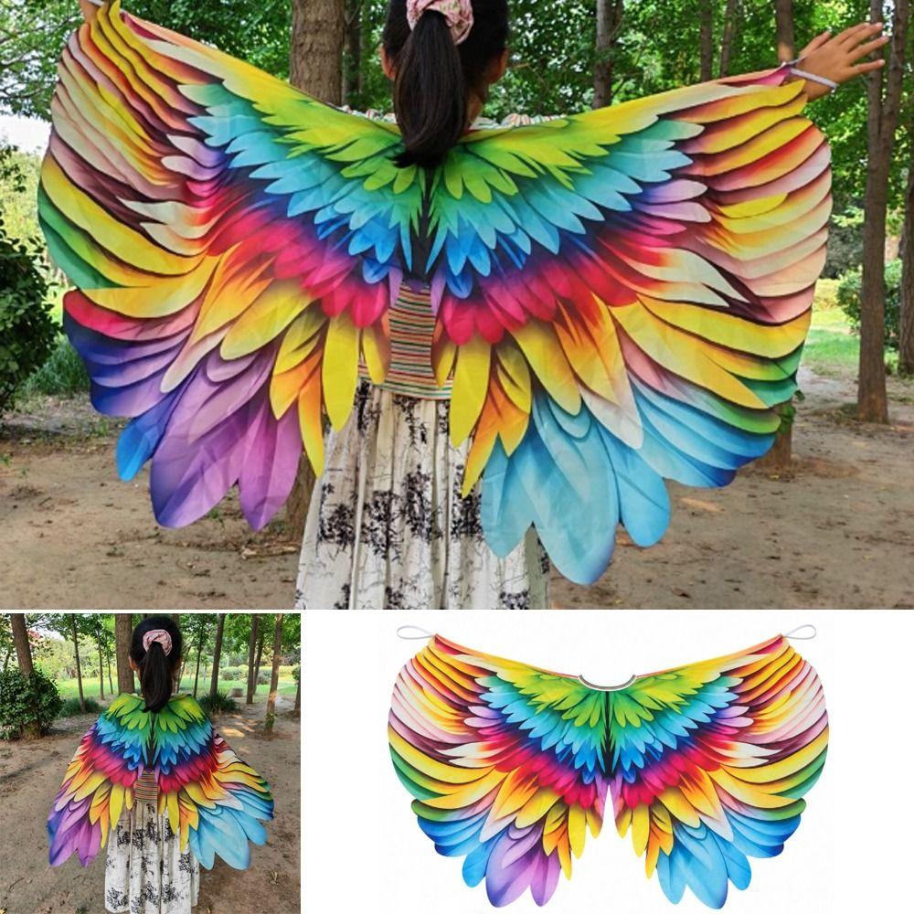Bird Feather Print Rainbow Wing Cape Polyester Dress Up Wings New Costume Cape  Kids Dress Up