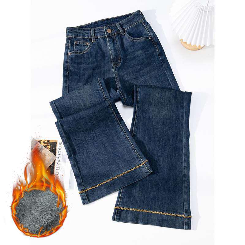 2026 Winter Velvet Thick Embroidered Straight-Leg Jeans - Women s Cropped Wide-Leg Pants, Versatile Style 3XL