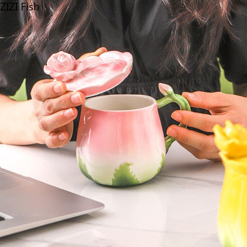 350ml Kreativní hrnek s květinou Keramický pohár na vodu s víčkem Pro zamilované Odpolední čaj Kávový šálek Severský styl Domácí Sada na džus a nápoje