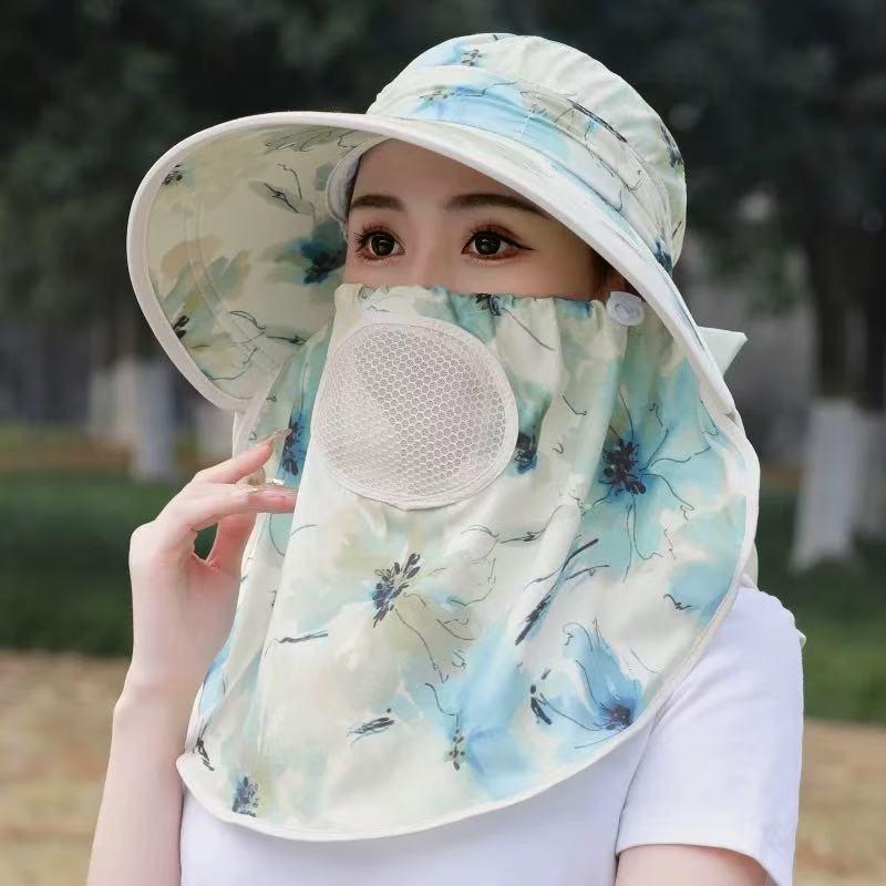 Women's Summer Wide Brim UV Protection Hat with Neck Shawl and Ponytail Tie