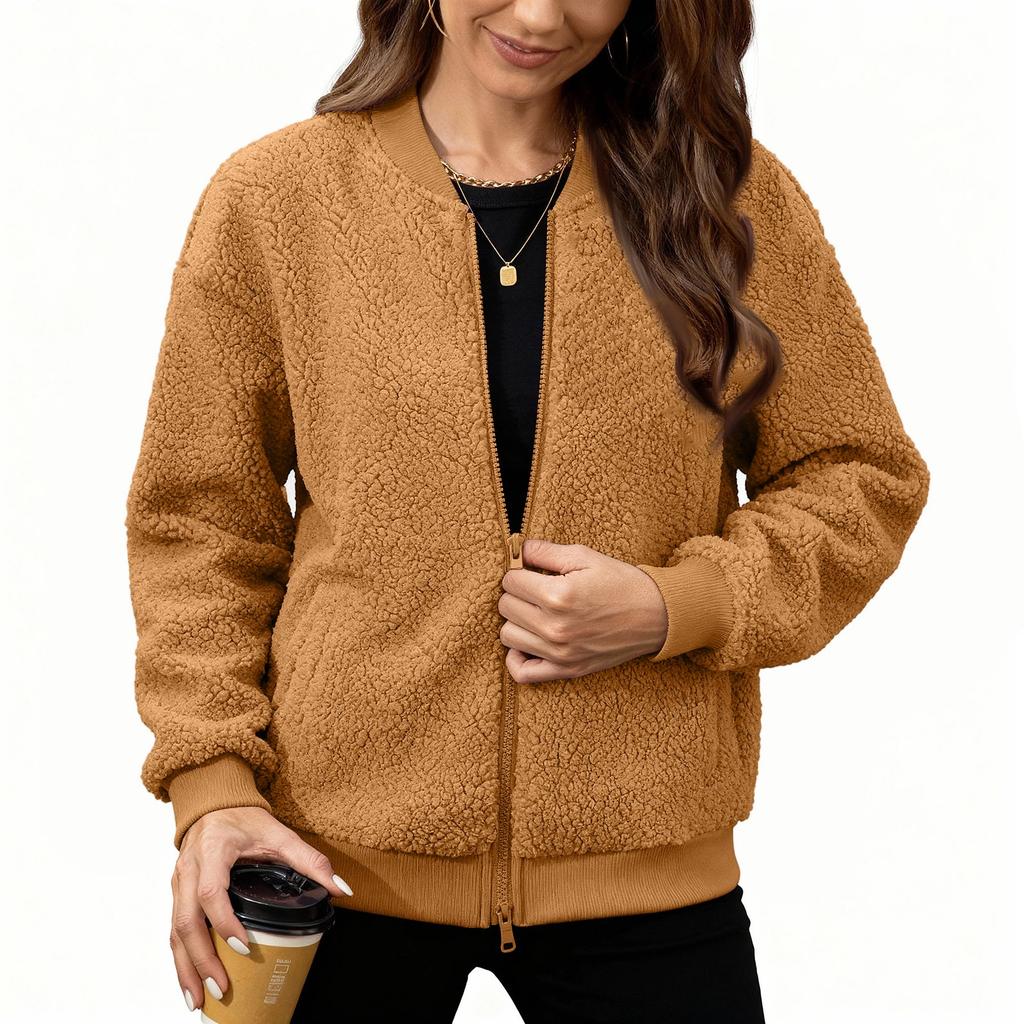 Women's Fashionable Warm Shearling Jacket With Zip-Up Solid Colour Outerwear