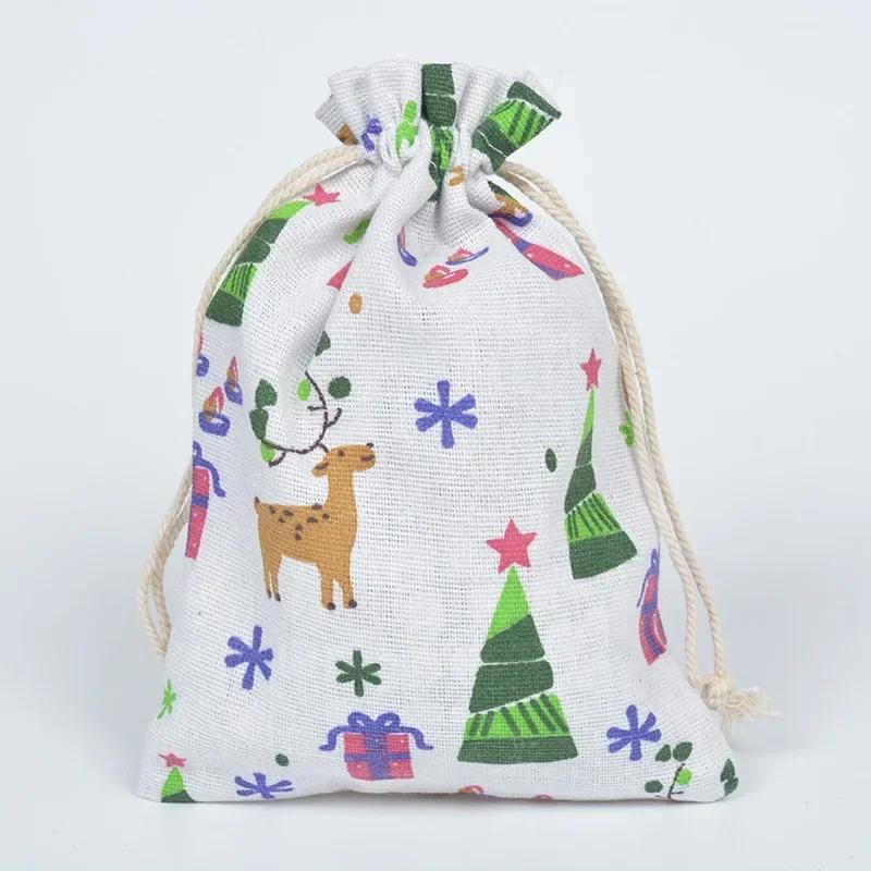 10pc Drawstring Cotton Linen Print Organizer 10x14/13x18cm Women Jewelry Cosmetics Cloth Bag Christmas Gift Bag Party Decoration