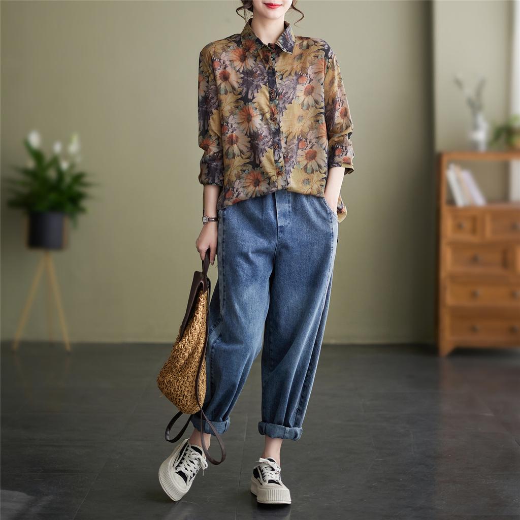 Women Casual Loose Long Sleeve Printed Fashion Shirt Slimming Daily Base Top
