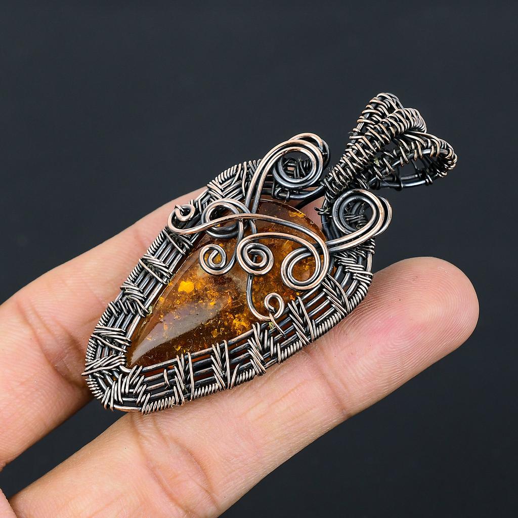 Natural Baltic Amber Gemstone Handmade Copper Wire Wrap Pendant 2.76" f9g06