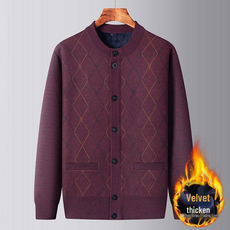 Men's Plus Velvet Knit Cardigan: Warm, Thick Sweater for Middle-aged and Elderly, Perfect for Autumn and Winter