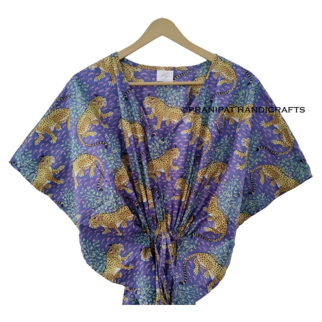 Women Purple Bagheera Tiger Printed Hippie Cotton Maxi Beach Cover Caftan Dress CKFTN-SCRN-FULL-BUYIT-151