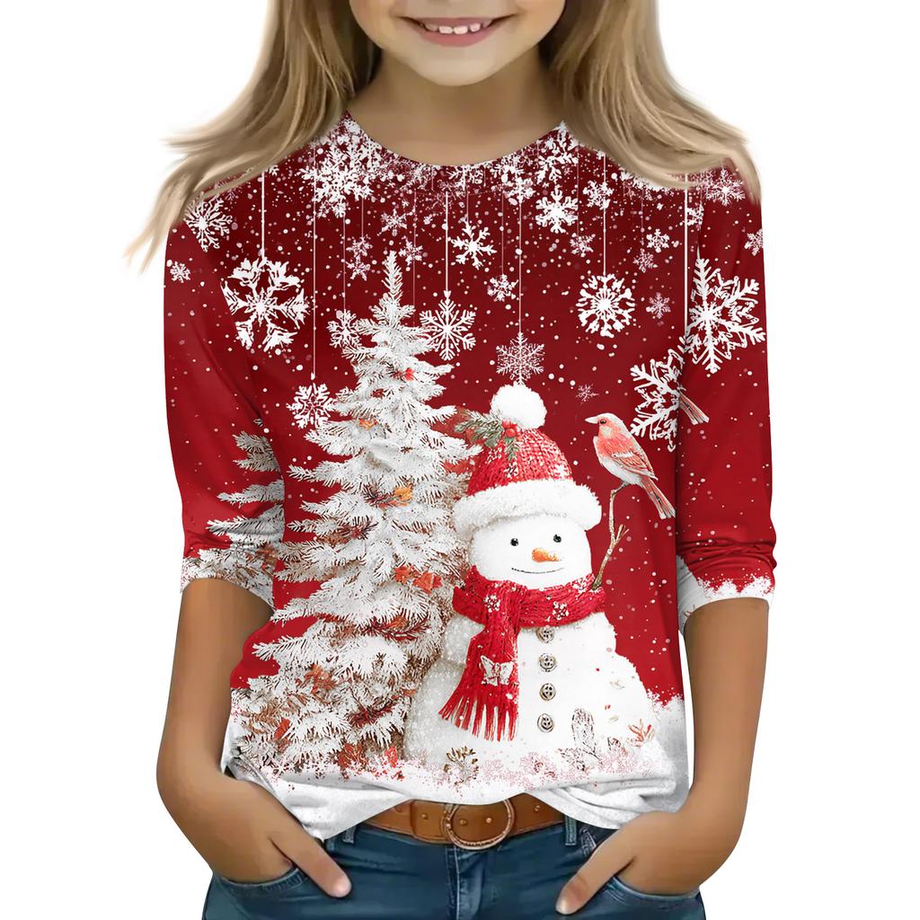 Christmas Day Print Tops For Youth Girls 4-11 Years Round Neck 3/4 Sleeves T-Shirts Trendy Tops Outfit Tees