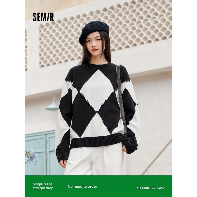 

Senma Sweater Women s Loose and Idle Elegant Pullover Retro Winter Gentle Style Diamond Lattice Crew Neck Sweater Fashion Coffee and white 00351 170/92A/XL