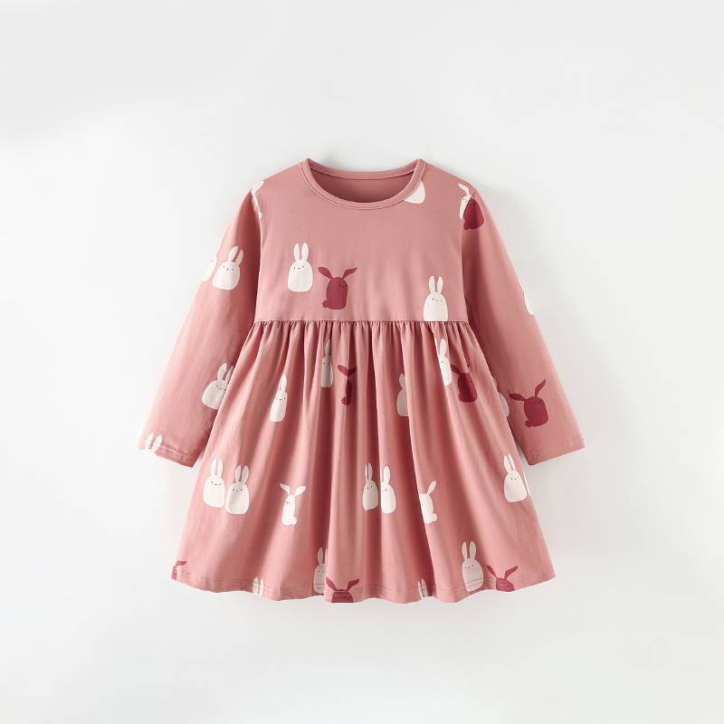 Girl Long Sleeve Cotton Princess Dress With Cartoon Animal Pattern For Kids