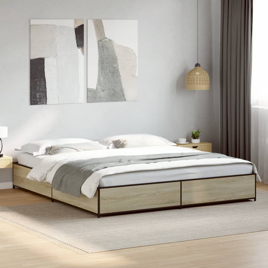 Bed Frame in Sonoma Oak Finish 200 x 200 cm Made of Engineered Wood and Metal