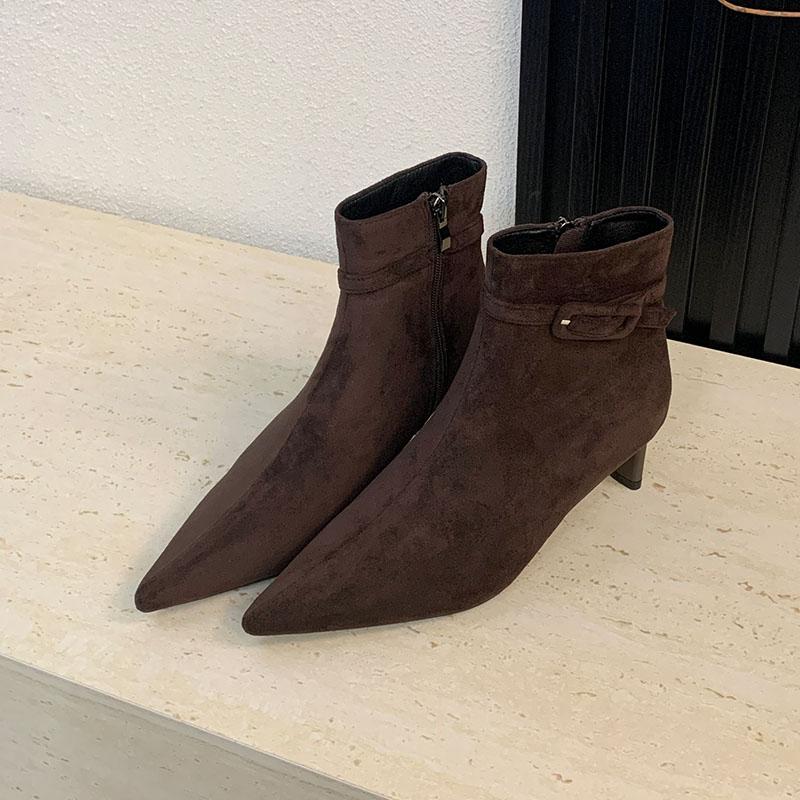 Fashion New Fashion Flock Women Ankle Modern Boots Heels Shoes Pumps Female Pointed Toe Ladies Short Boots With Zippers Shoes