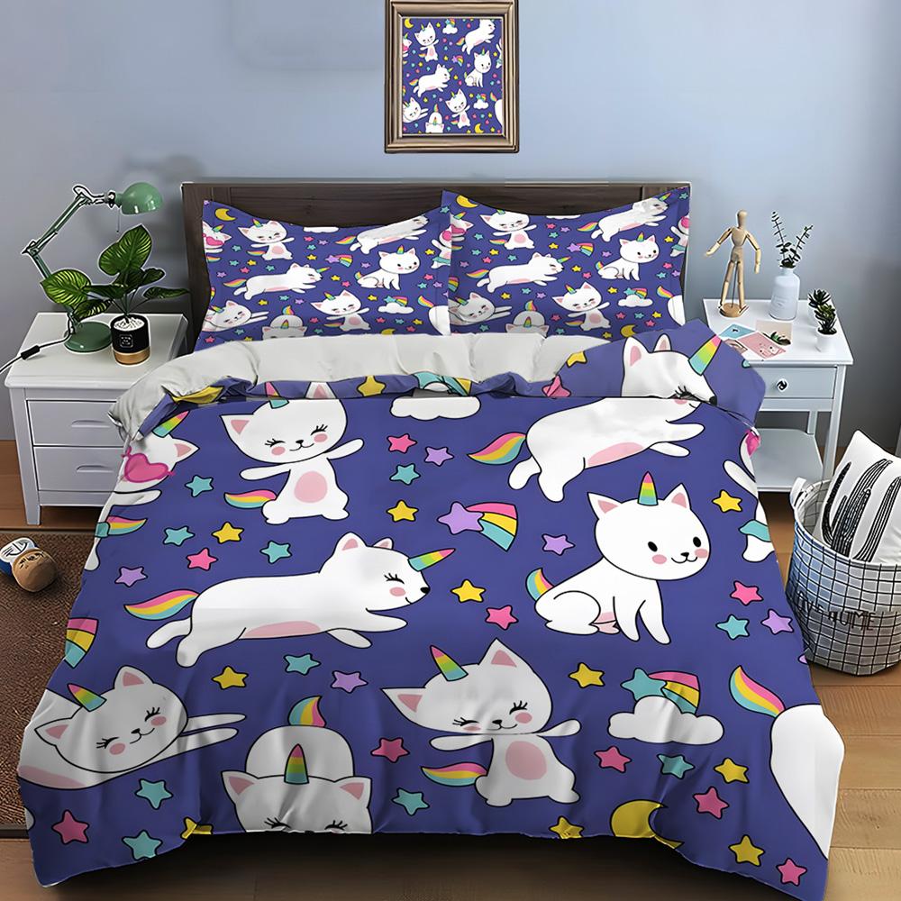 Unicorn cats and stars pattern Print Bedding Set 1 Duvet Cover 2 Pillowcases for Adult and Children Luxury Gift Full Size
