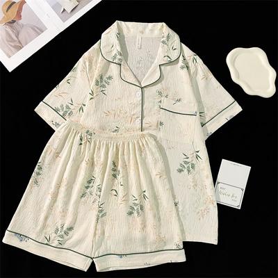 Summer Faux Cotton Women Pajamas Set Button Down Top & Shorts 2 Pieces Sleepwear Print Floral Nightwear Loungewear for Ladies