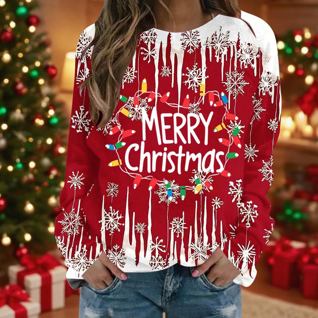 Women's Casual Long Sleeve Christmas Print Neck Top
