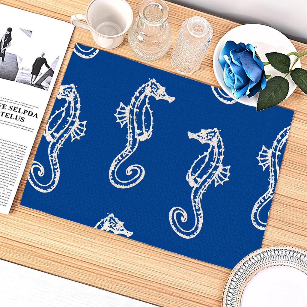Blue Sea Creatures Theme Table Pad  Placemat Kitchen Heat Insulation Durable For Dining Coaster Bowl Cup Mat Decor