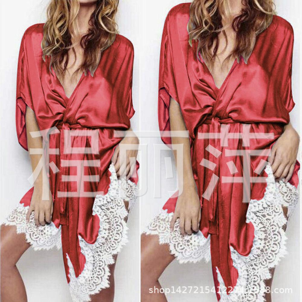 Peach-Colored Lace Trim Plus Size Short Sleeve Bathrobe for Women