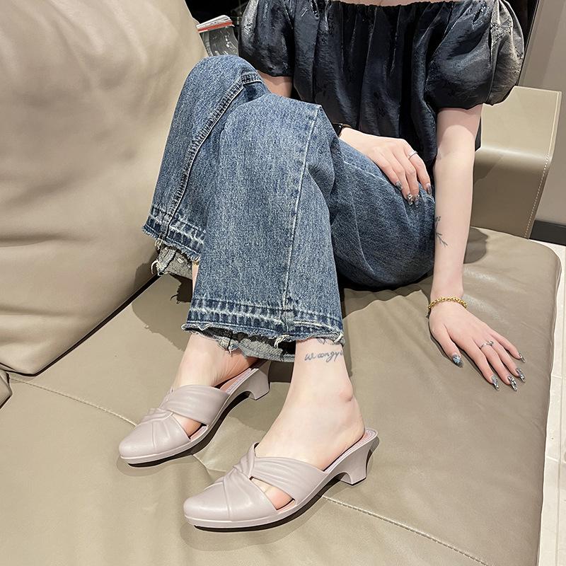 Yuzhihao Women's Summer Pointed Toe Half Slippers - Chunky Heel Casual Low Sandals