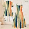 Women Plus Size Two Piece Set Short Sleeve Draped Cardigan Strappy V Neck Flared Printed Dress Dark Blue Gold