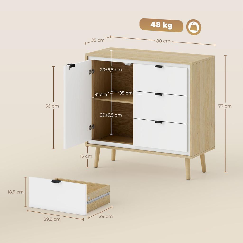 Sideboard, Door, 3 Drawers, Adjustable Shelf, 80 x 35 x 77 cm, White and Oak