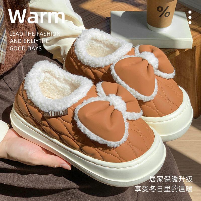 Winter New Cotton Drag Less Bow Wear At Home Thick Bottom Small Slippers Velvet Warm
