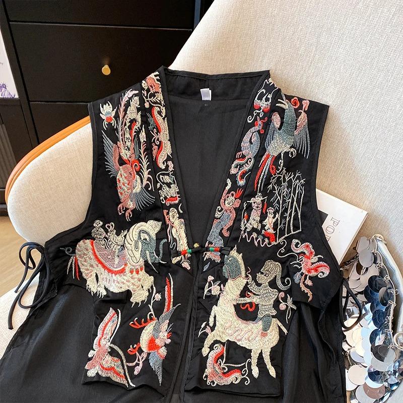 Vintage Chinese Style Vests Jacket Stitched Mesh Embroidered Buckle Tang Costume Coat Summer Unique Sleeveless Women's Vest