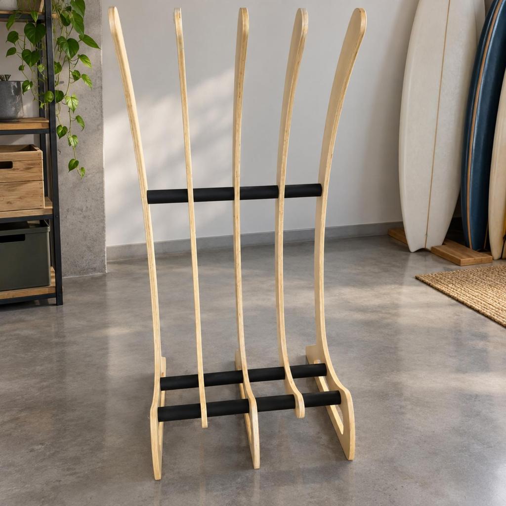 Surfboard Storage Rack with Padding Wood Finish Multi-Compartment Board