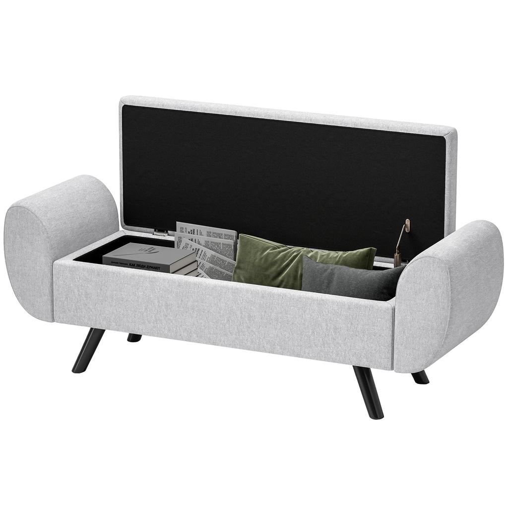 Storage Ottoman with Armrest, Upholstered Linen Storage Bench, Window Seat with Rubberwood Legs, Footstool for Bedroom Living Room, Hallway