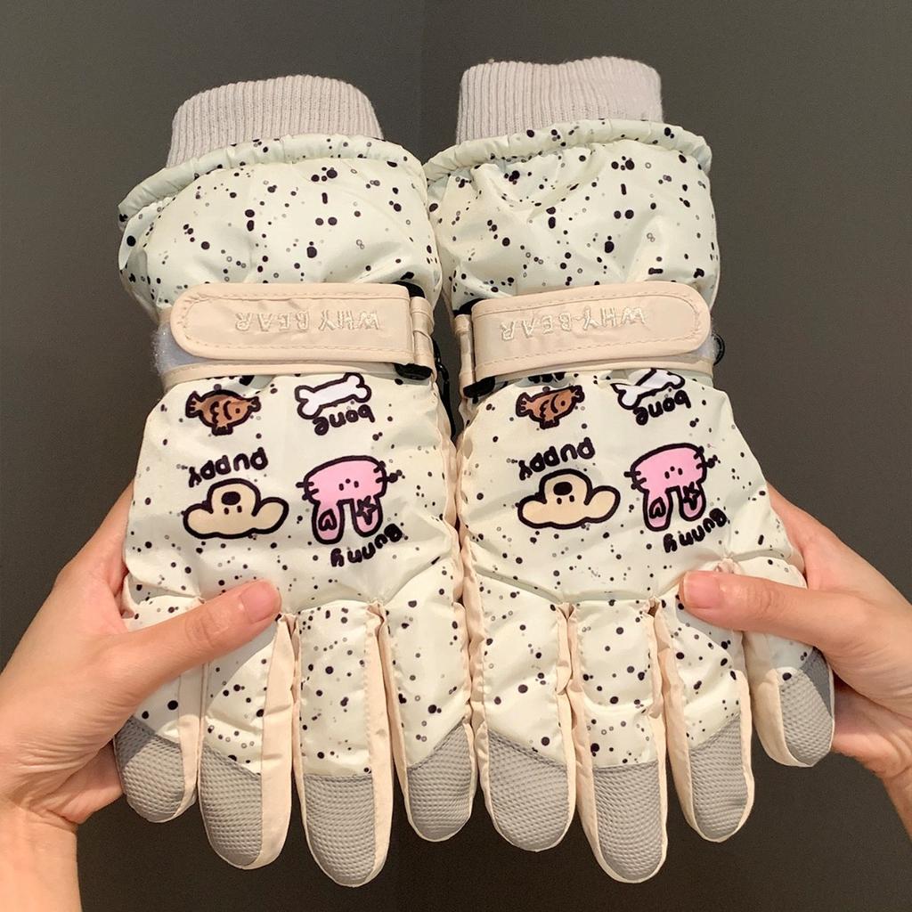 Printed ski waterproof gloves female winter cute rabbit riding touch screen velvet warm windproof and cold proof electric car