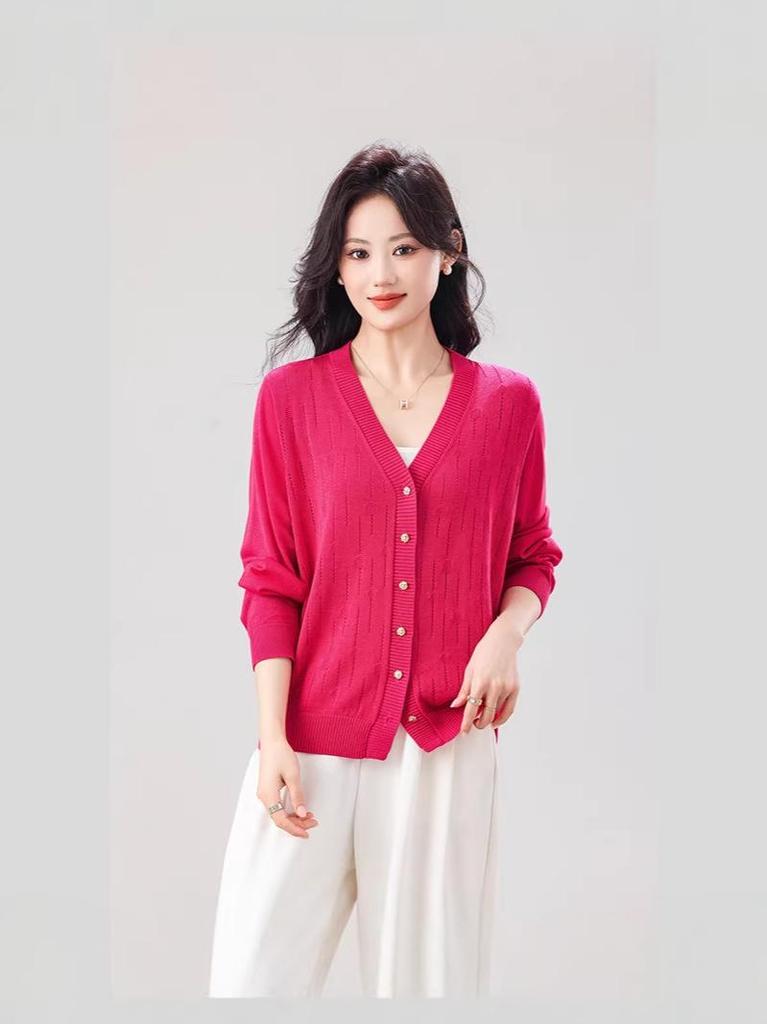 Plus Size Women's Knit Cardigan - Single-Breasted, Hollow-Out, Solid Color, Versatile for Spring/Autumn