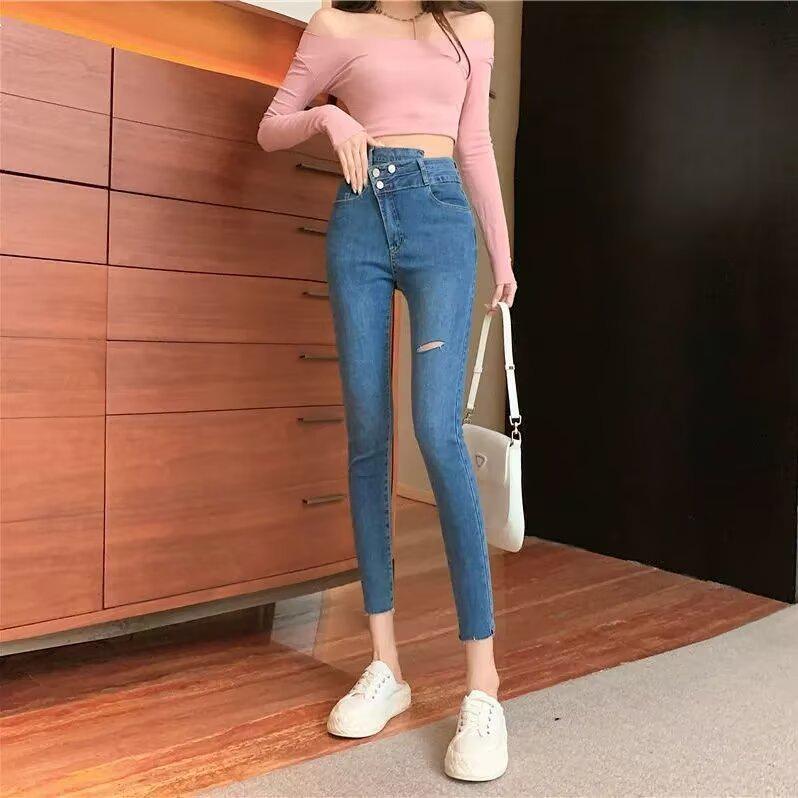 

Женские джинсы скинни с высокой талией и рваностями - Модные эластичные брюки-карандаш длиной до щиколотки для весны и осени 2024 L синий