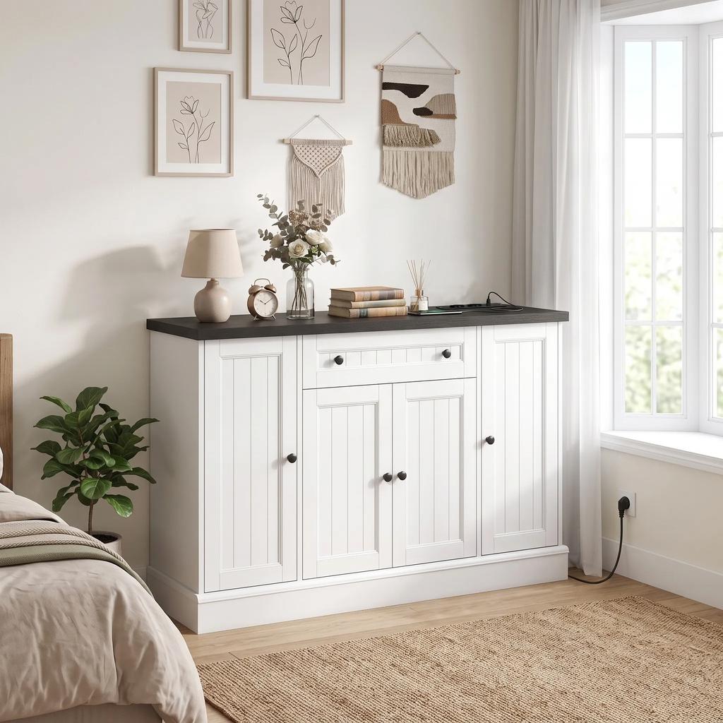 Living Room Buffet with Charging Station, 120 x 40 x 80 cm, White and Black
