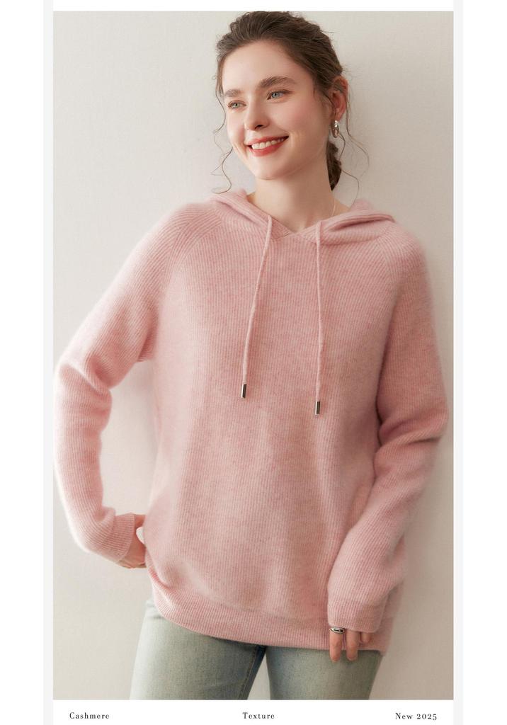 Women's Cashmere Drawstring Hoodie: Autumn & Winter Long Sleeve Knit Sweatshirt