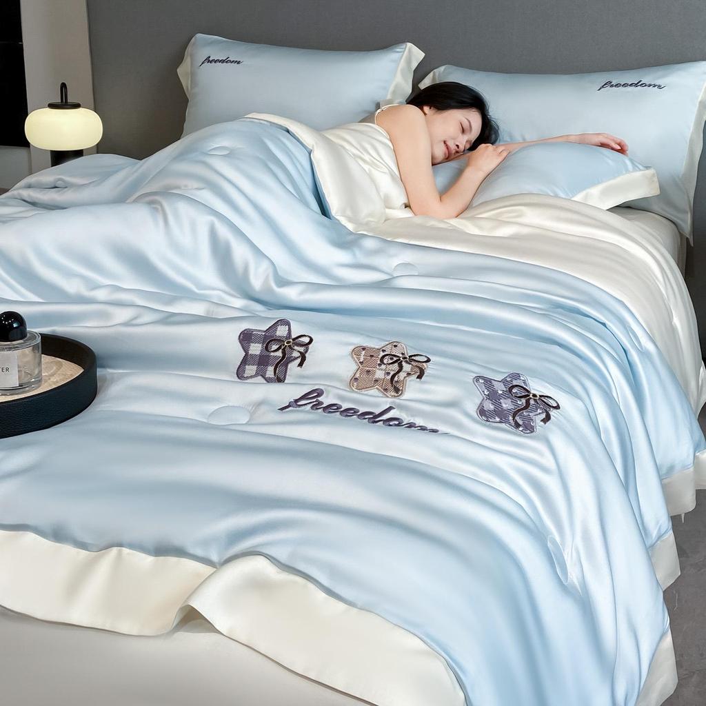 Class A Ice Silk Water Washable Summer Quilt Set - Naked Sleep Embroidery, Thin Blanket, Air Conditioning Quilt, Four-Piece Gift.