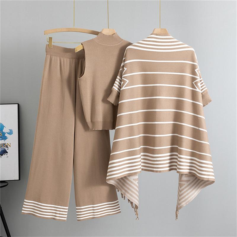 Casual Fashion Set Women's Autumn Winter Striped Shawl Coat Tank Top Wide Leg Pants 3 Piece Set