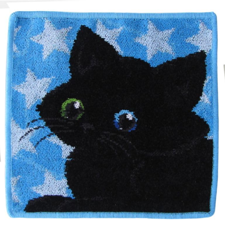 Feiler Handkerchief Hand Towel 25cm Black Cat Blue Odd-Eyed [Used]