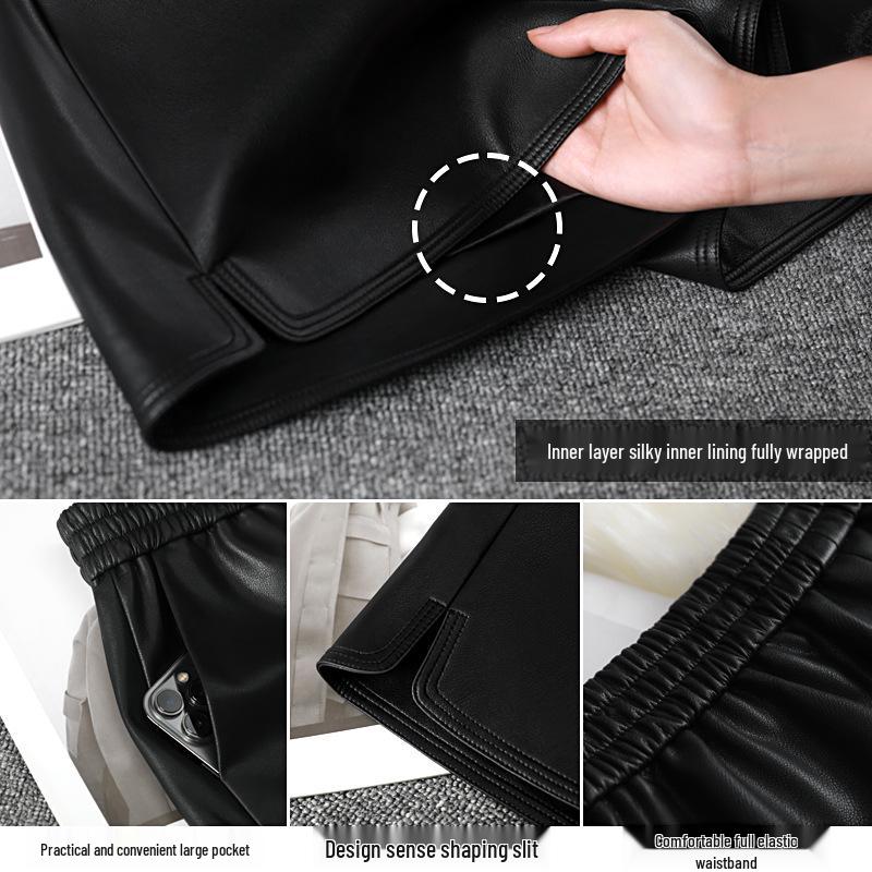 Черные шорты А-силуэта из искусственной кожи с высокой талией для женщин - Осенне-зимний стиль