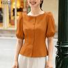 Women Elegant Casual Round Neck Solid Color Short Sleeve Blouse