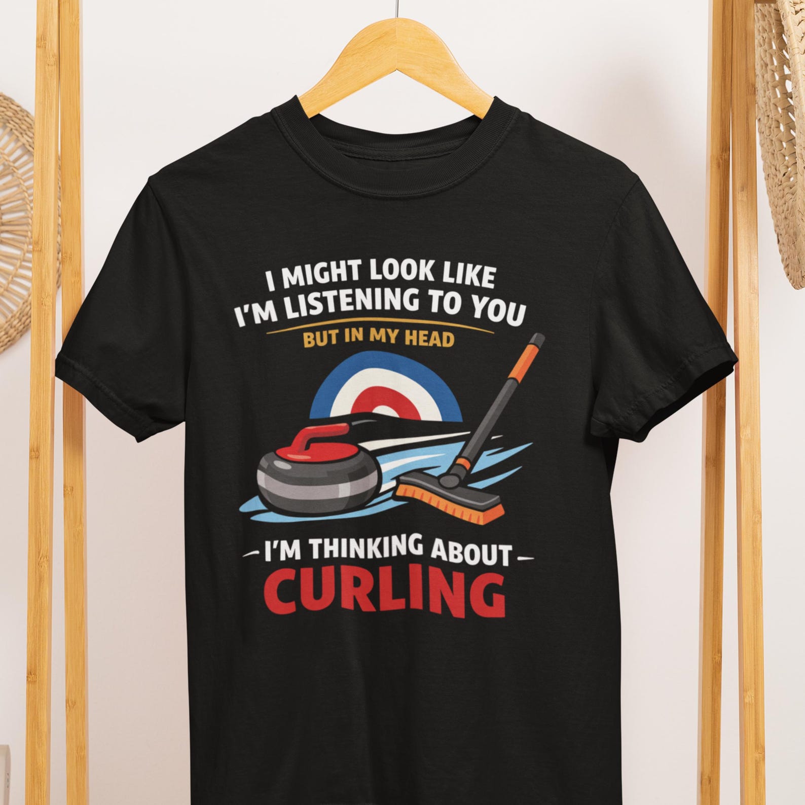 Curling T-Shirt: Thinking About Curling Humor Player Gift S
