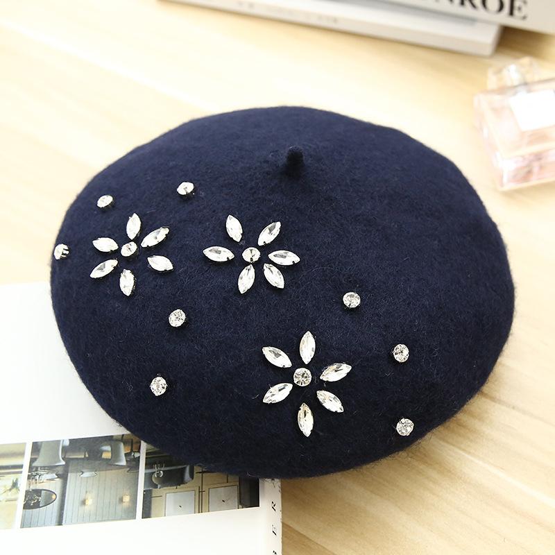 VISROVER Woman Wool Winter Beret DIY Female Rhinestone Wool Cap Autumn Winter Hat Solid Color Top Quality Women Boina Wholesales