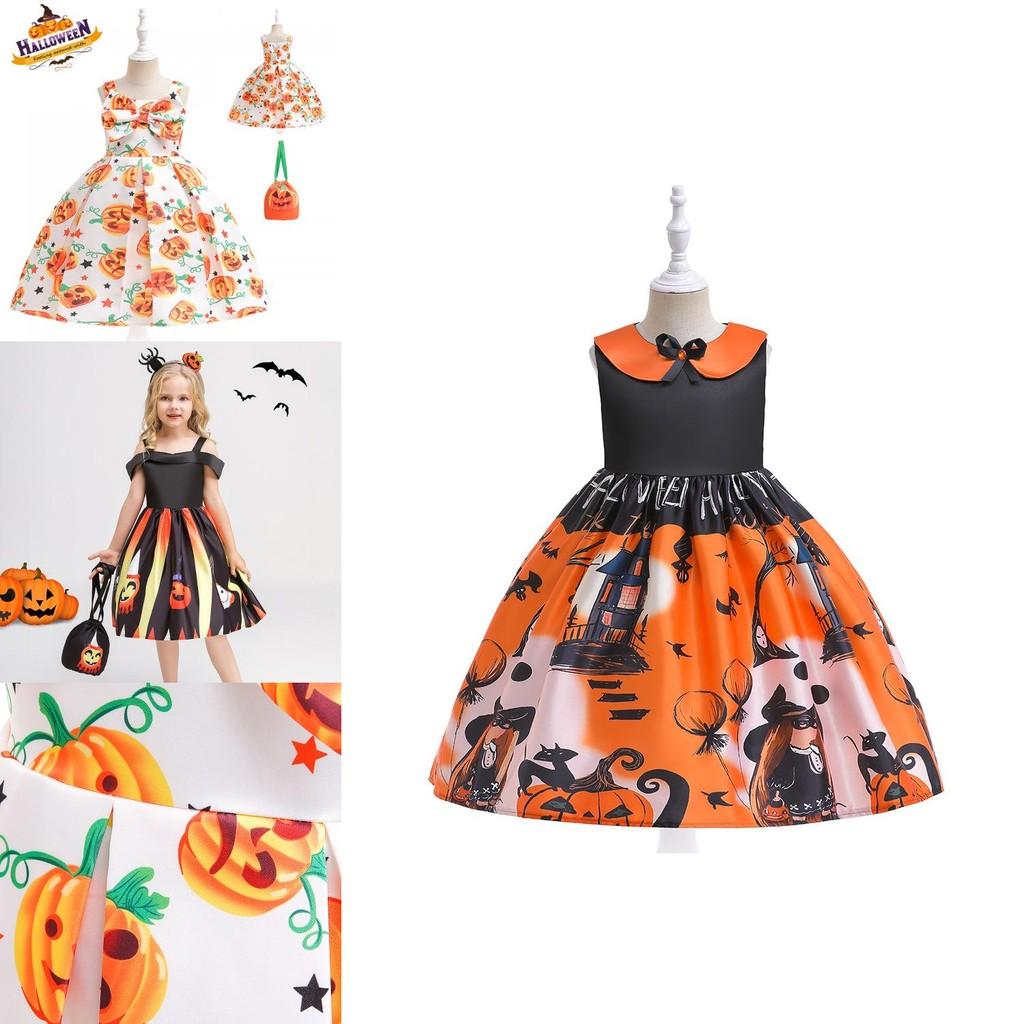 Silky And High Quality Halloween Costume Dress With Pumpkin Bag For Children