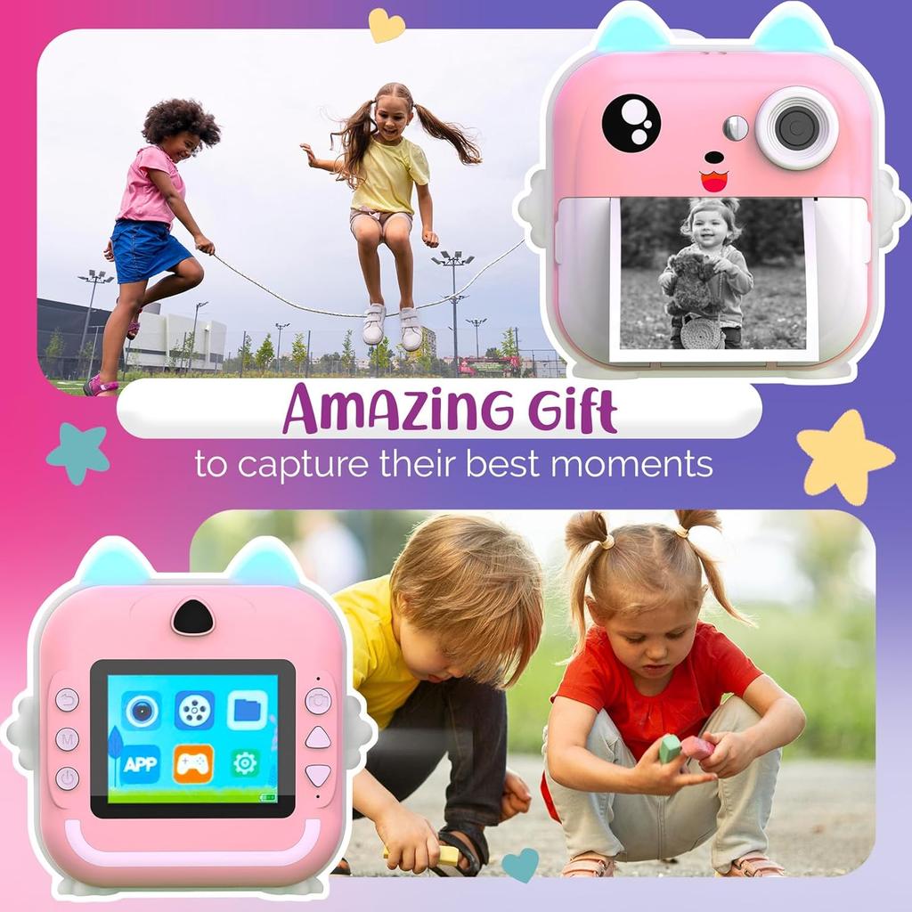 2.4 Inch IPS Screen Kids Instant Camera Full HD Instant Print Digital Camera Light Ear With Lanyard Birthday Gifts Boys Gilrs